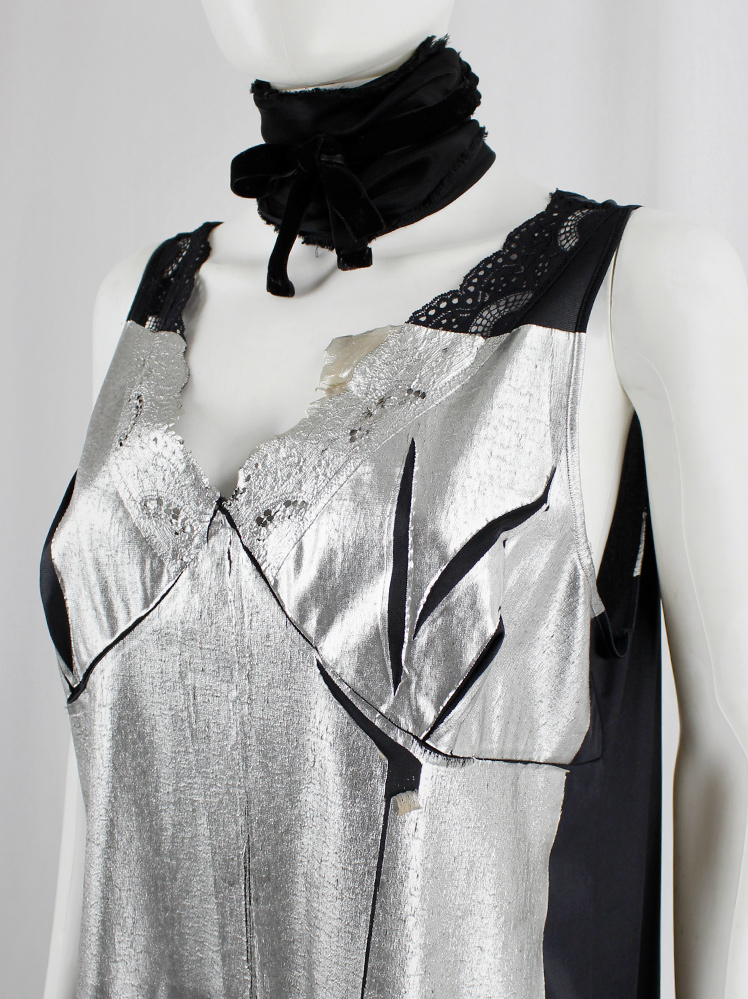 vintage Maison Martin Margiela artisanal black slip dress with lace pressed with silver foil spring 2003 (23)
