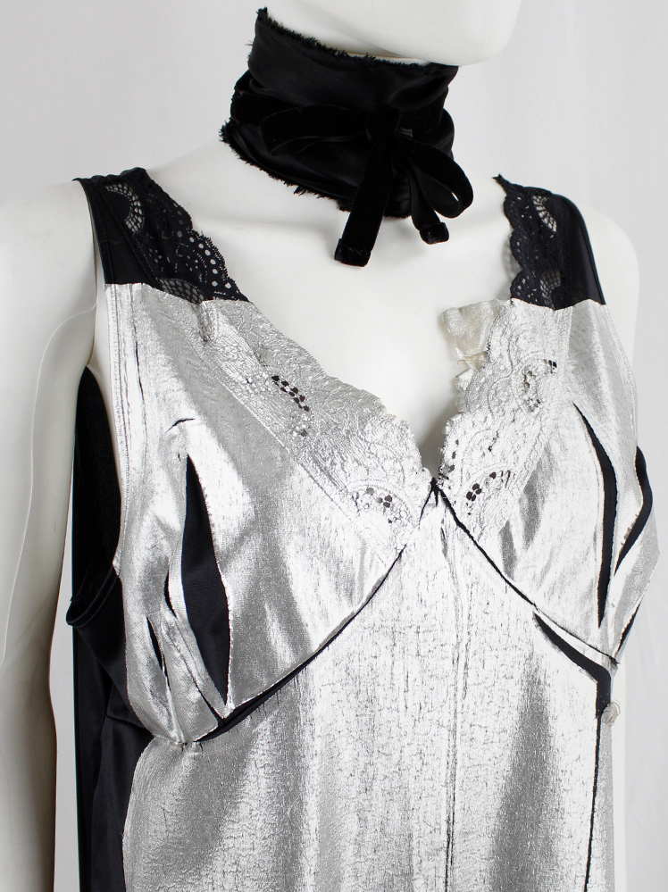 vintage Maison Martin Margiela artisanal black slip dress with lace pressed with silver foil spring 2003 (3)