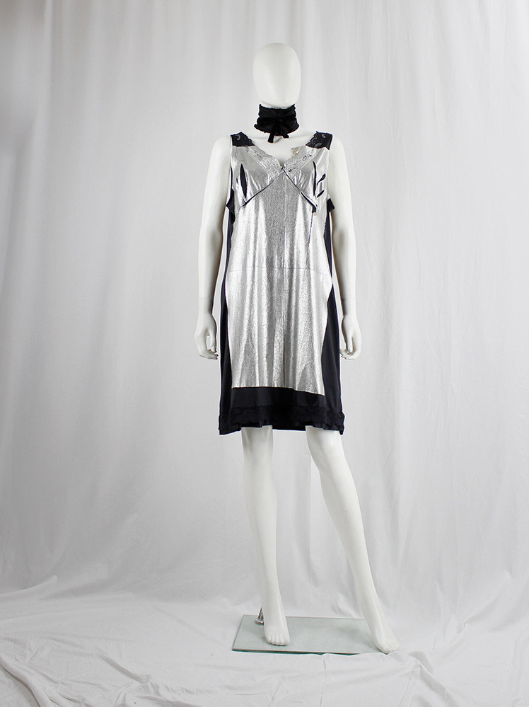 vintage Maison Martin Margiela artisanal black slip dress with lace pressed with silver foil spring 2003 (5)