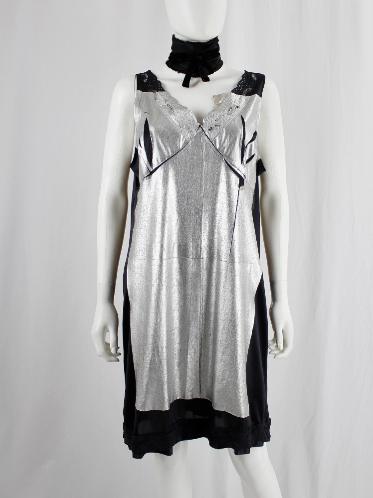 vintage Maison Martin Margiela artisanal black slip dress with lace pressed with silver foil spring 2003 (6)