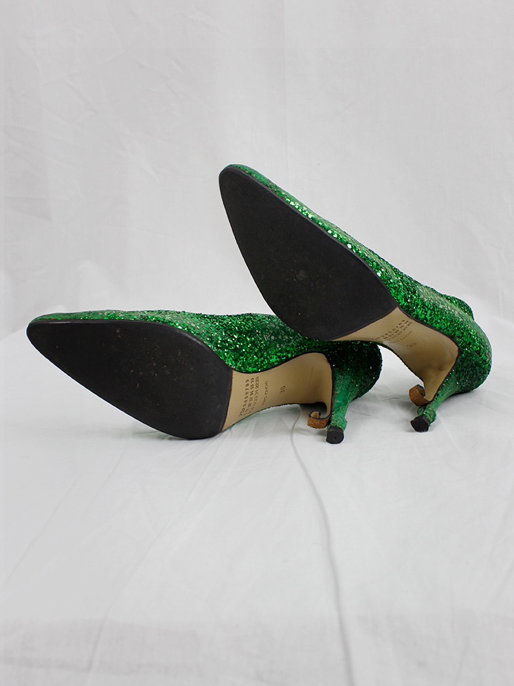 vintage Maison Martin Margiela green glitter afterparty pumps with destroyed look spring 2005 (10)