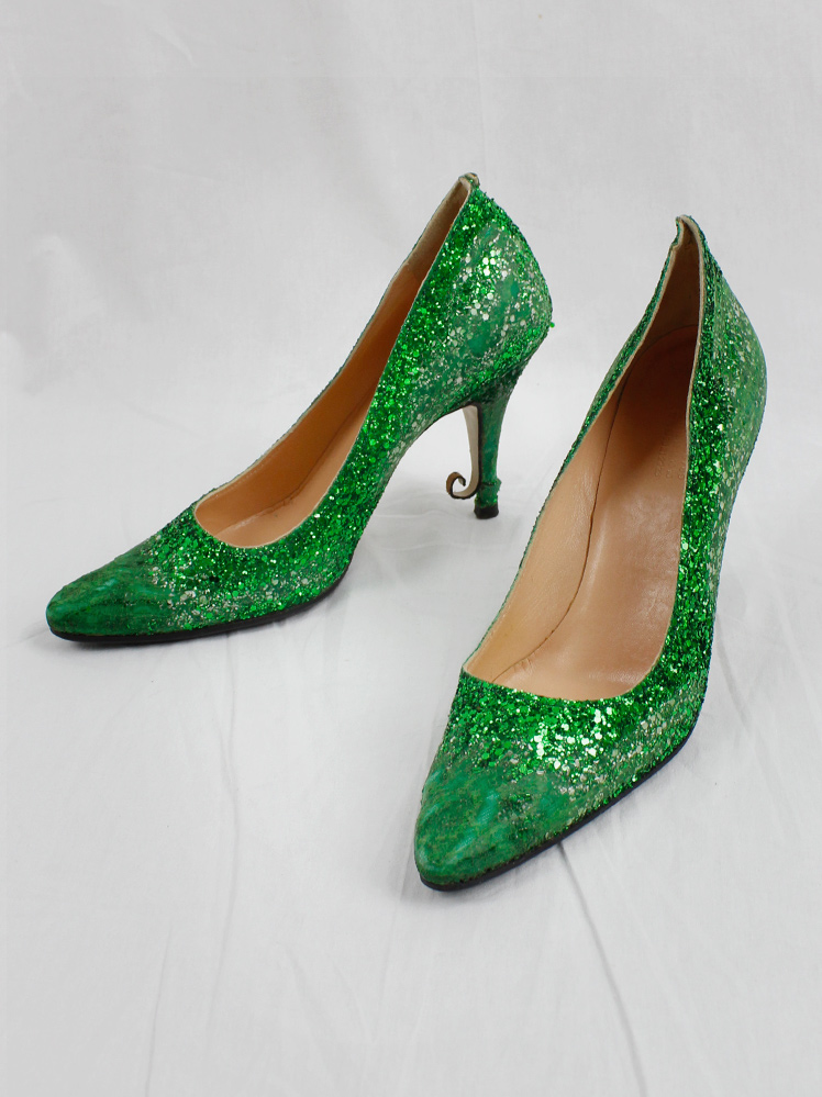 vintage Maison Martin Margiela green glitter afterparty pumps with destroyed look spring 2005 (15)