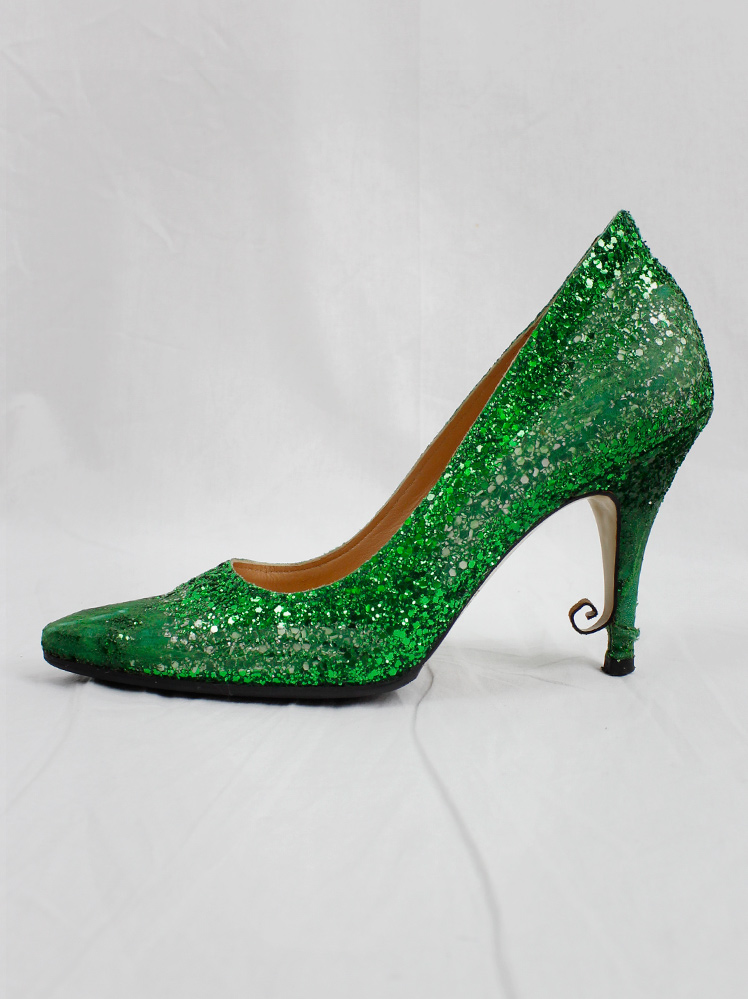 vintage Maison Martin Margiela green glitter afterparty pumps with destroyed look spring 2005 (16)