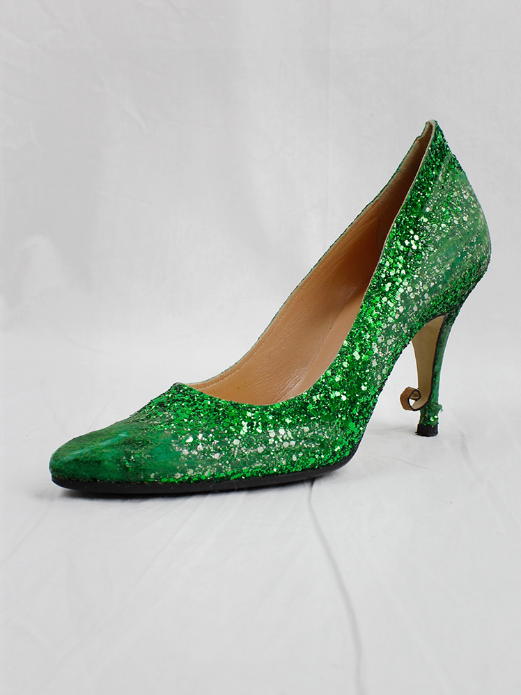 vintage Maison Martin Margiela green glitter afterparty pumps with destroyed look spring 2005 (17)