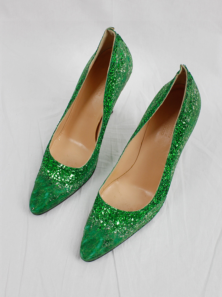 vintage Maison Martin Margiela green glitter afterparty pumps with destroyed look spring 2005 (2)