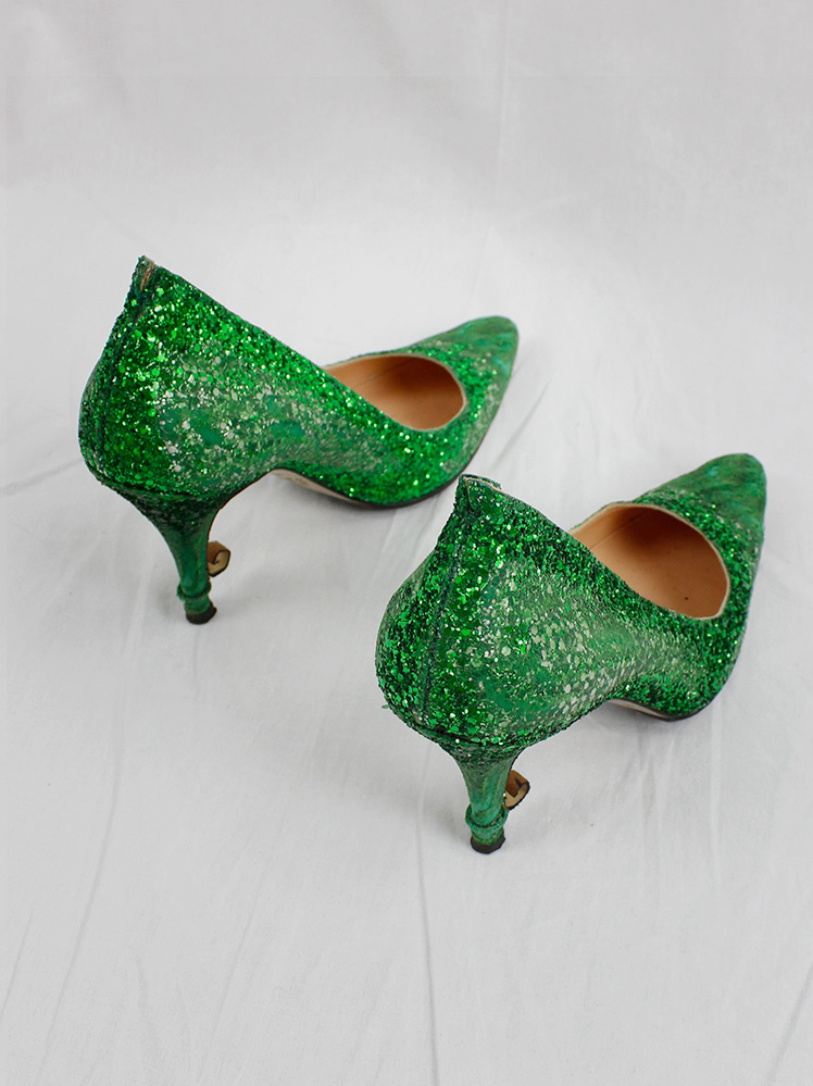 vintage Maison Martin Margiela green glitter afterparty pumps with destroyed look spring 2005 (5)