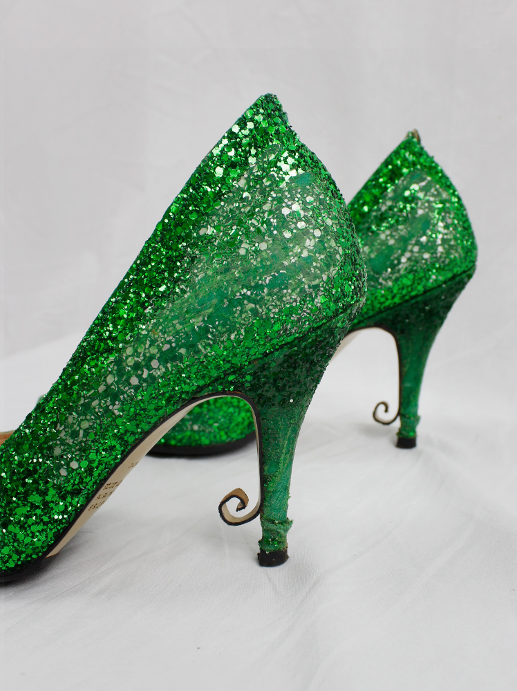 vintage Maison Martin Margiela green glitter afterparty pumps with destroyed look spring 2005 (6)