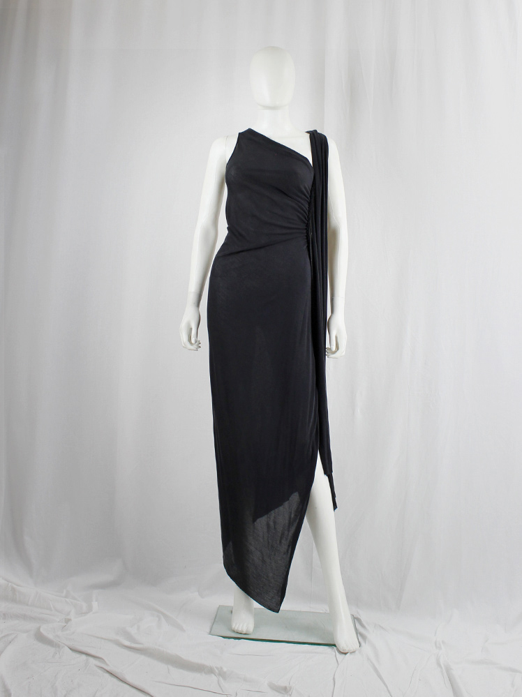 vintage Rick Owens EXPLODER dark grey maxi dress with triangulare hemline and side drape fall 2007 (7)