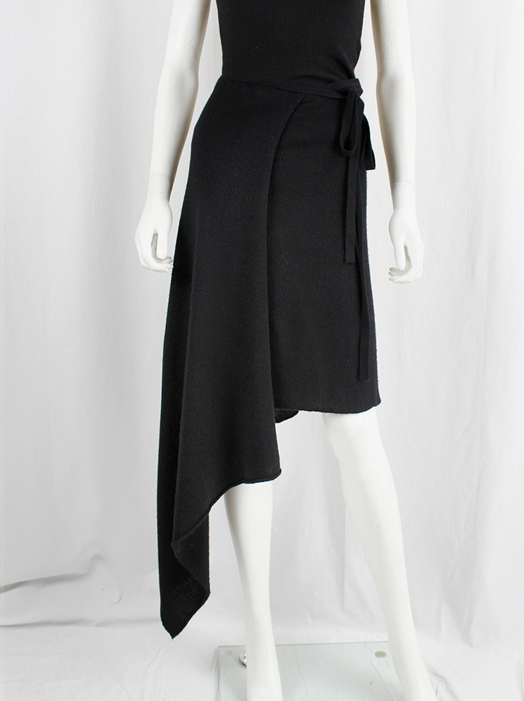 vintage Ann Demeulemeester black wool wrap skirt with longer side drape fall 2000 (1)