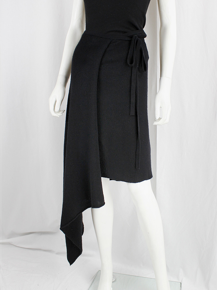 vintage Ann Demeulemeester black wool wrap skirt with longer side drape fall 2000 (2)