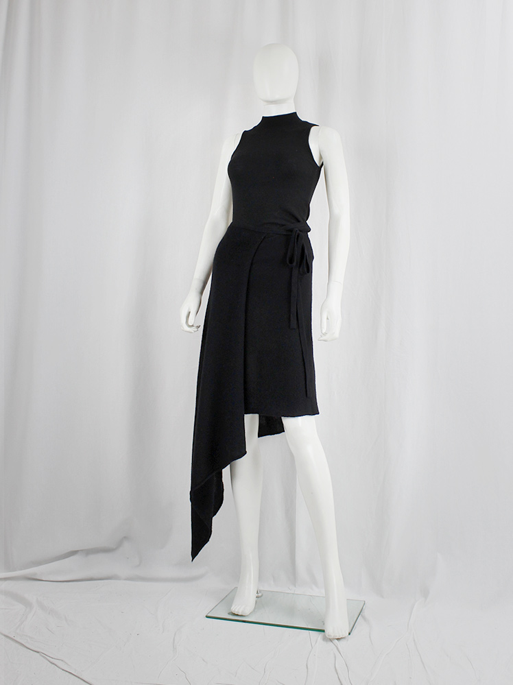 vintage Ann Demeulemeester black wool wrap skirt with longer side drape fall 2000 (8)
