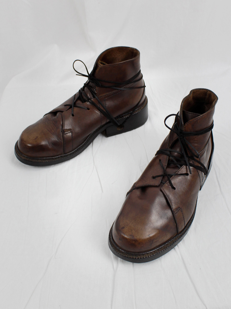 vintage Dirk Bikkembergs Hommes brown combat boots wrapped with laces through the soles 1980s 1990s (1)