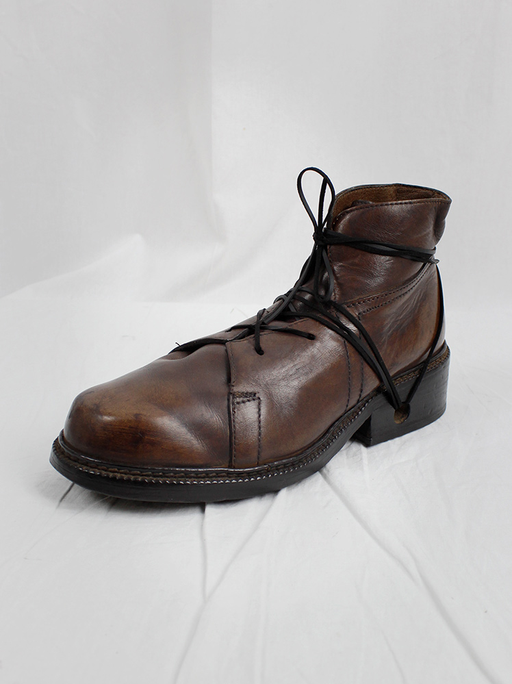 vintage Dirk Bikkembergs Hommes brown combat boots wrapped with laces through the soles 1980s 1990s (13)
