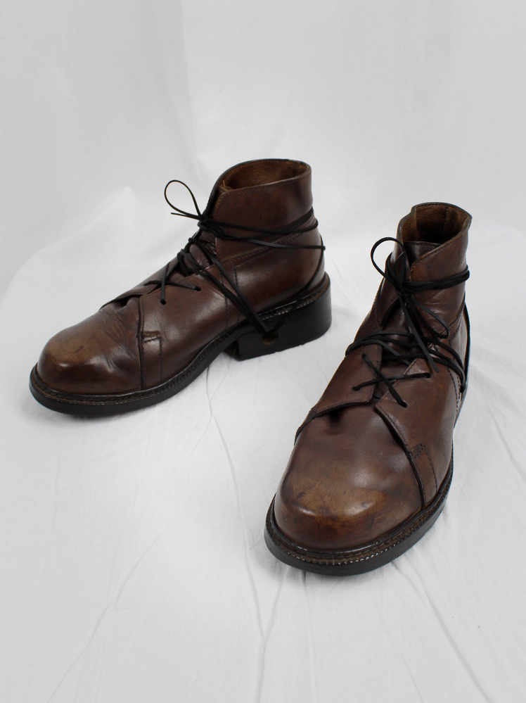 vintage Dirk Bikkembergs Hommes brown combat boots wrapped with laces through the soles 1980s 1990s (2)