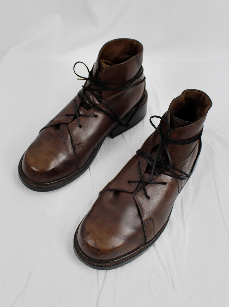 vintage Dirk Bikkembergs Hommes brown combat boots wrapped with laces through the soles 1980s 1990s (4)