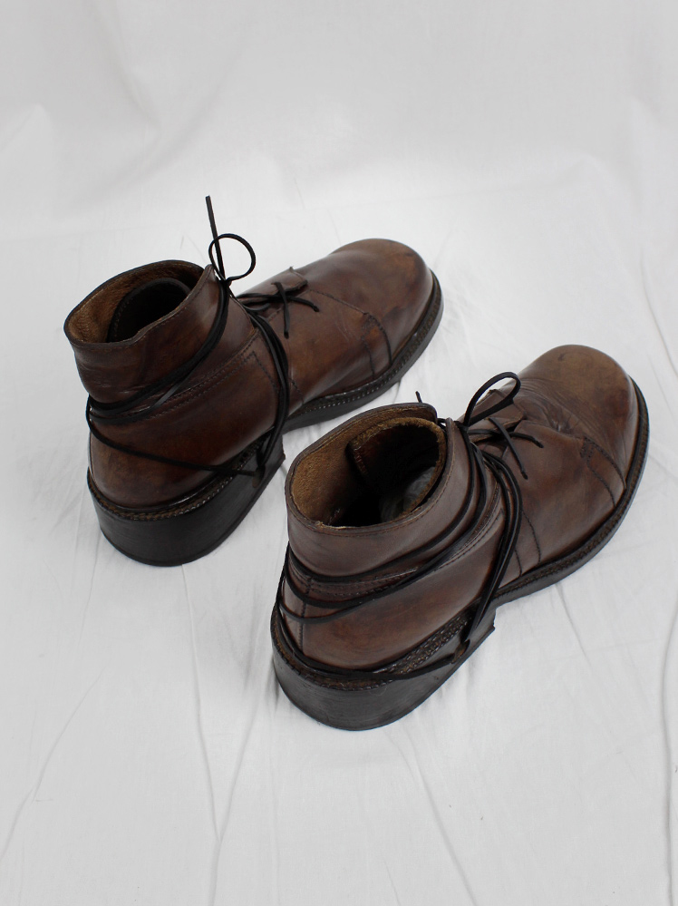 vintage Dirk Bikkembergs Hommes brown combat boots wrapped with laces through the soles 1980s 1990s (5)