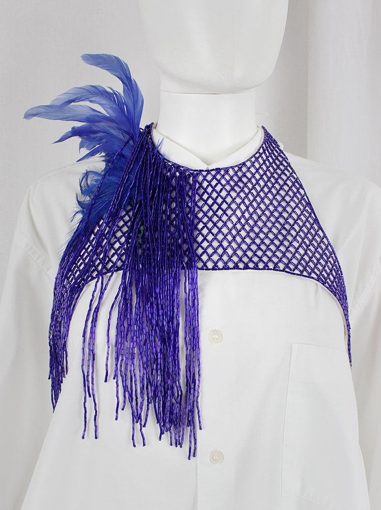 vintage Dries Van Noten blue beaded harness with feathers and beaded fringe spring 2019 (13)