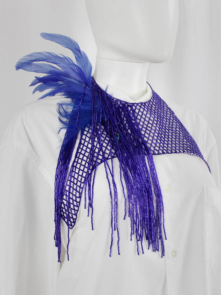 vintage Dries Van Noten blue beaded harness with feathers and beaded fringe spring 2019 (15)