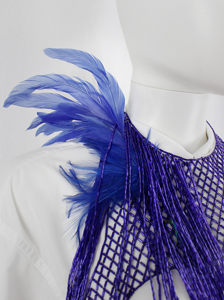 vintage Dries Van Noten blue beaded harness with feathers and beaded fringe spring 2019 (16)