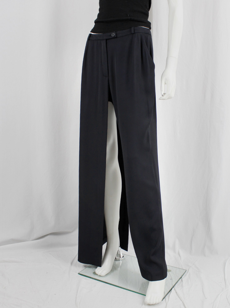 vintage Ingrid Van De Wiele dark blue wide trousers with one open leg over shorts 1990s 90s (11)