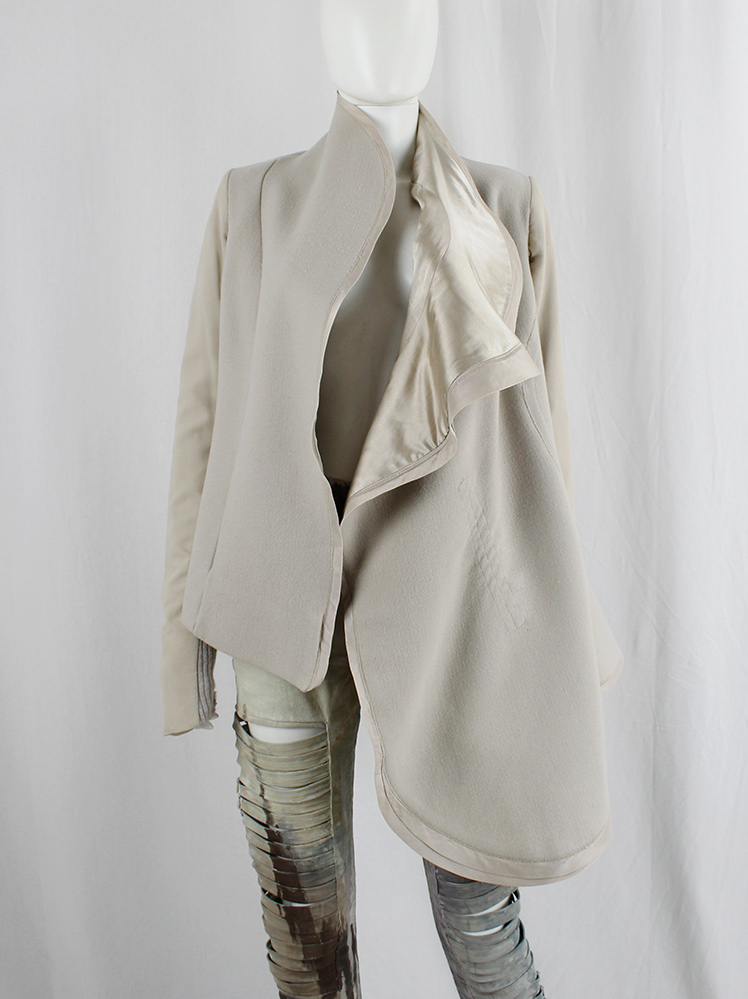 vintage Rick Owens DUSTULATOR beige curved coat with satin trim fall 2006 (1)