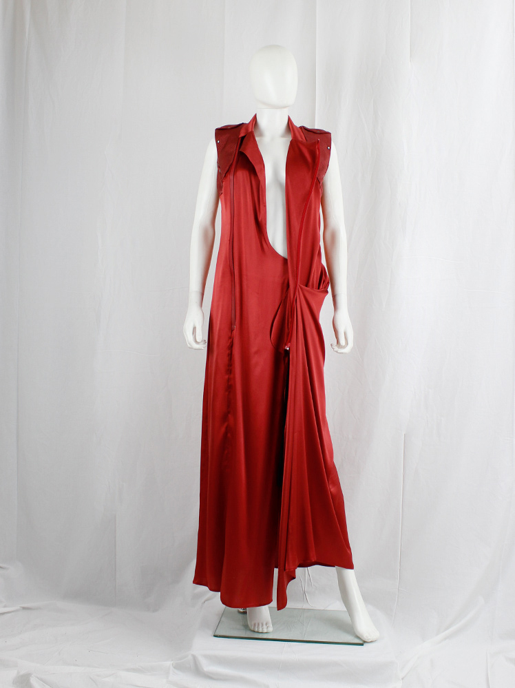 vintage A.F. Vandevorst red maxi dress with drape and contrasting studded shoulder panels fall 2010 (10)