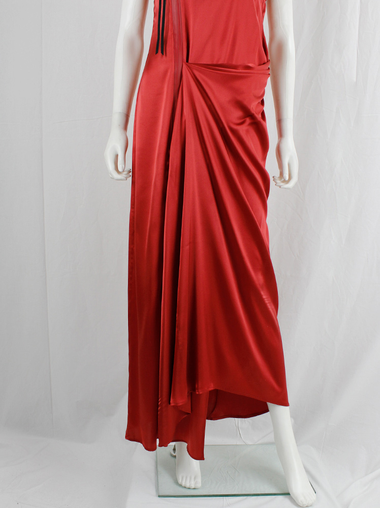 vintage A.F. Vandevorst red maxi dress with drape and contrasting studded shoulder panels fall 2010 (19)