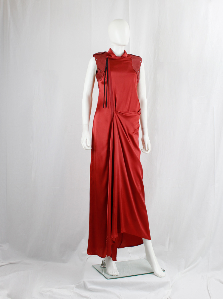 vintage A.F. Vandevorst red maxi dress with drape and contrasting studded shoulder panels fall 2010 (21)