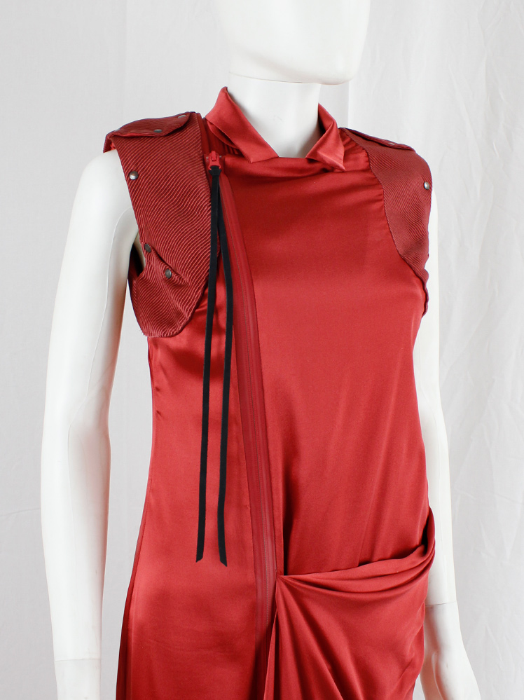 vintage A.F. Vandevorst red maxi dress with drape and contrasting studded shoulder panels fall 2010 (22)