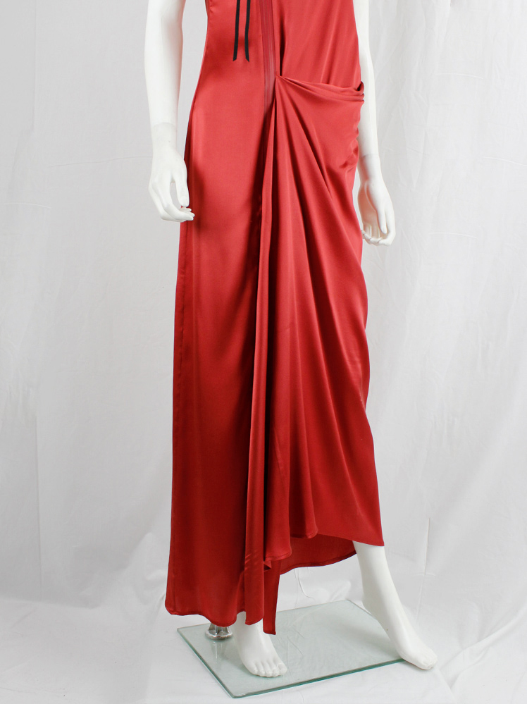 vintage A.F. Vandevorst red maxi dress with drape and contrasting studded shoulder panels fall 2010 (24)