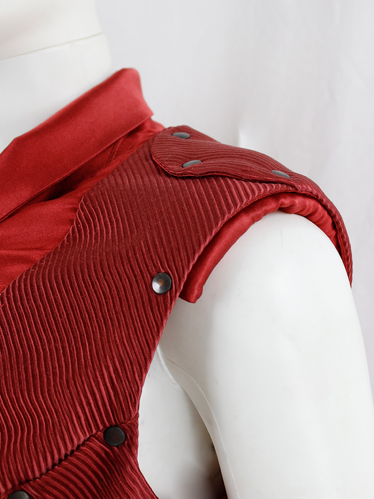 vintage A.F. Vandevorst red maxi dress with drape and contrasting studded shoulder panels fall 2010 (4)
