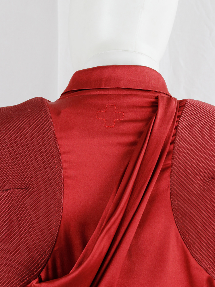 vintage A.F. Vandevorst red maxi dress with drape and contrasting studded shoulder panels fall 2010 (6)