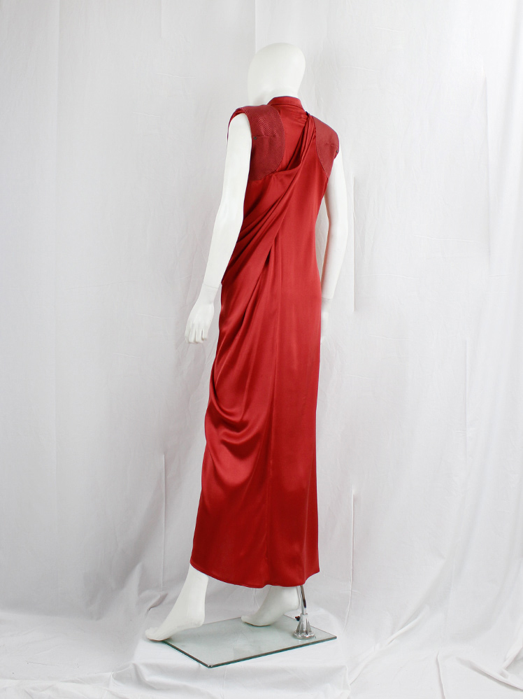vintage A.F. Vandevorst red maxi dress with drape and contrasting studded shoulder panels fall 2010 (9)