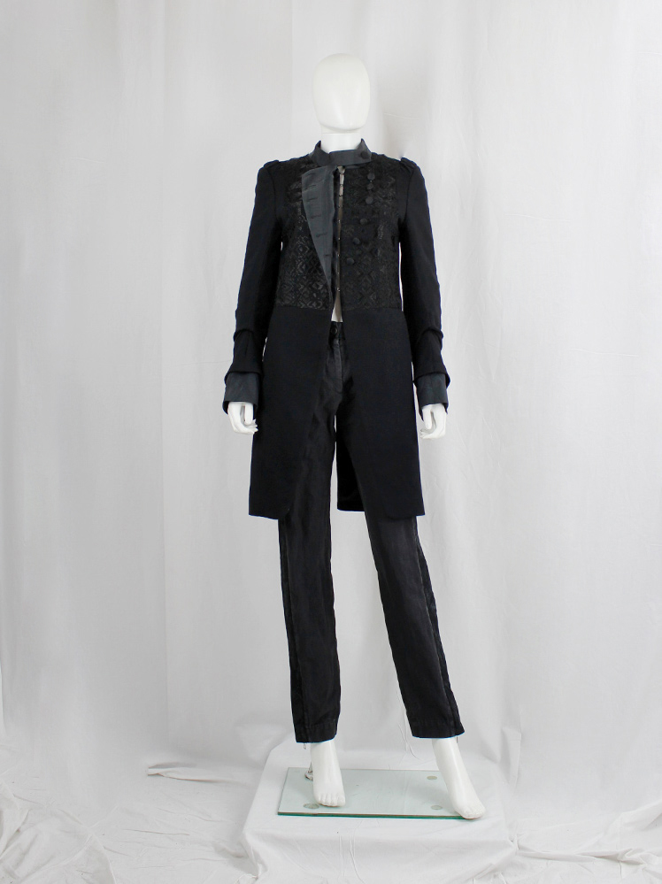 vintage Ann Demeulemeester black cutaway coat with embroidered panel and woven buttons fall 2009 (1)