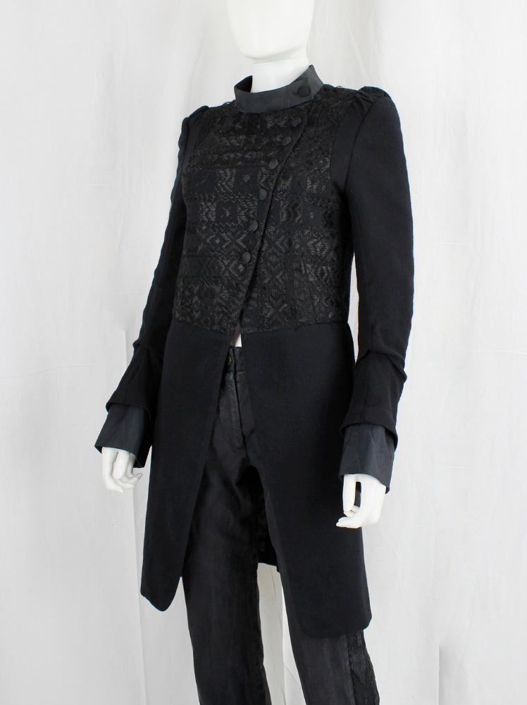 vintage Ann Demeulemeester black cutaway coat with embroidered panel and woven buttons fall 2009 (12)