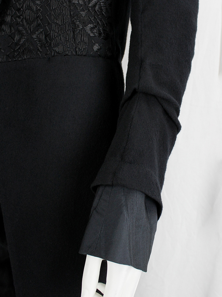 vintage Ann Demeulemeester black cutaway coat with embroidered panel and woven buttons fall 2009 (13)