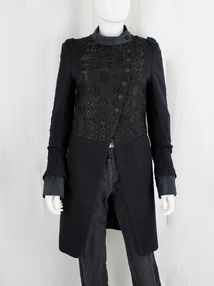 vintage Ann Demeulemeester black cutaway coat with embroidered panel and woven buttons fall 2009 (16)