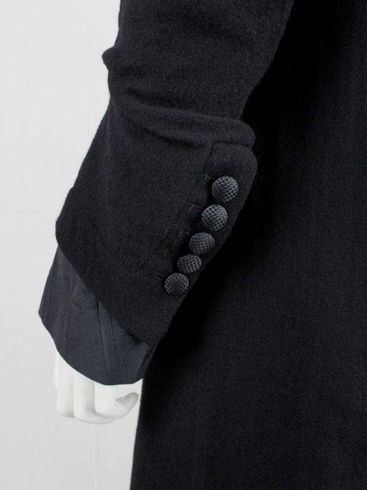 vintage Ann Demeulemeester black cutaway coat with embroidered panel and woven buttons fall 2009 (19)