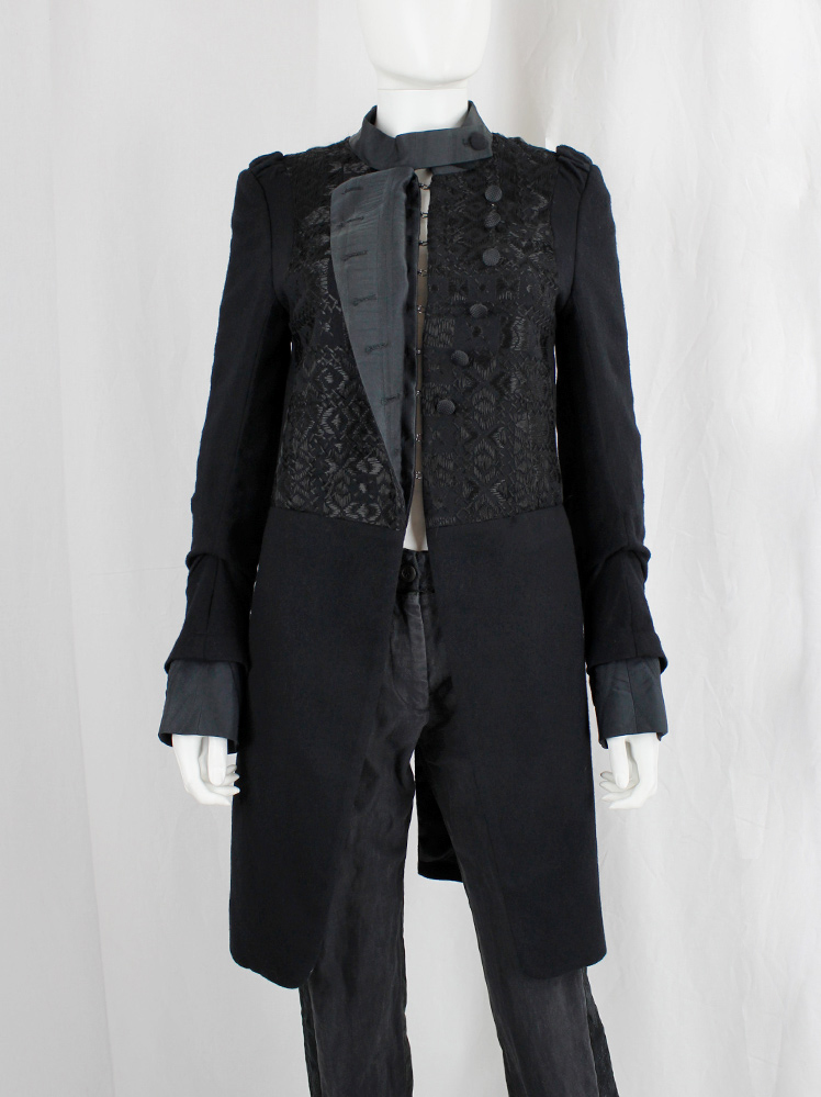 vintage Ann Demeulemeester black cutaway coat with embroidered panel and woven buttons fall 2009 (2)