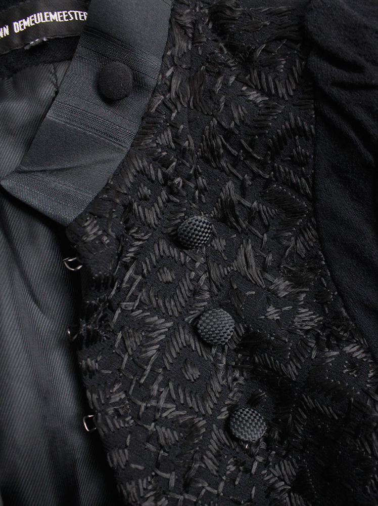 vintage Ann Demeulemeester black cutaway coat with embroidered panel and woven buttons fall 2009 (3)