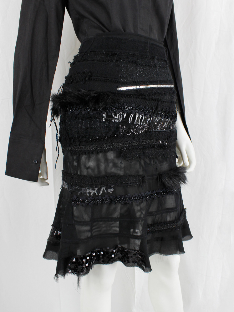 vintage Junya Watanabe black peplum hem skirt with sequins, faux fur, embroidery and sheer panels fall 2014 (15)
