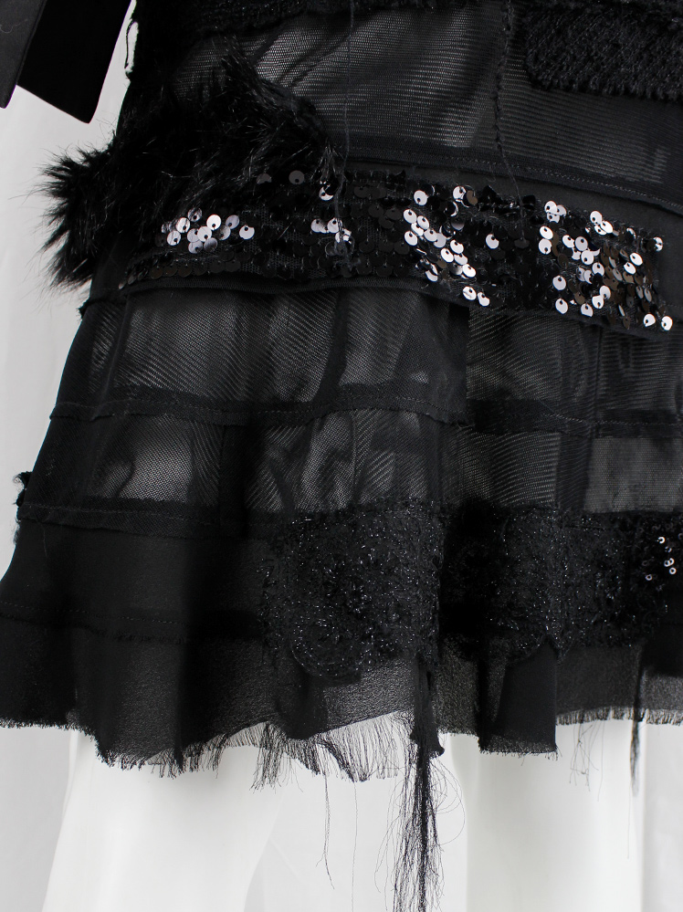 vintage Junya Watanabe black peplum hem skirt with sequins, faux fur, embroidery and sheer panels fall 2014 (7)