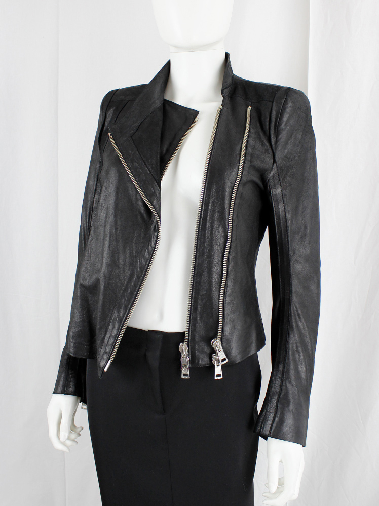 Ann Demeulemeester black leather biker jacket with double zippers spring 2003 (17)