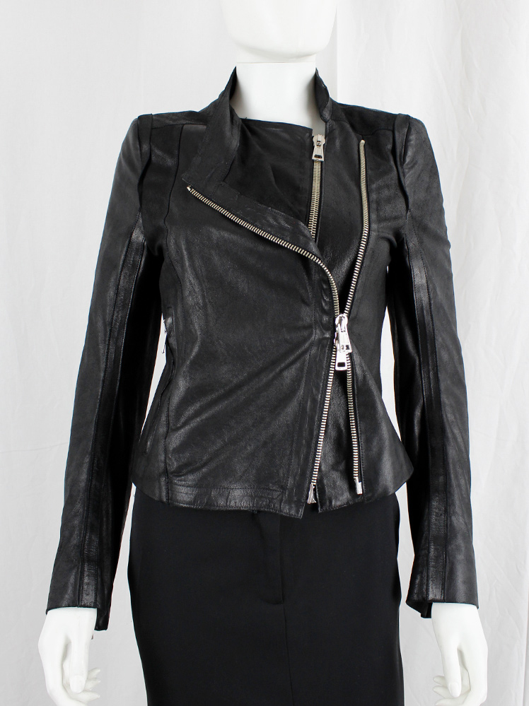 Ann Demeulemeester black leather biker jacket with double zippers spring 2003 (7)