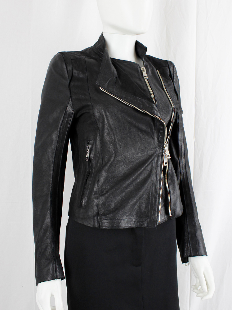 Ann Demeulemeester black leather biker jacket with double zippers spring 2003 (8)