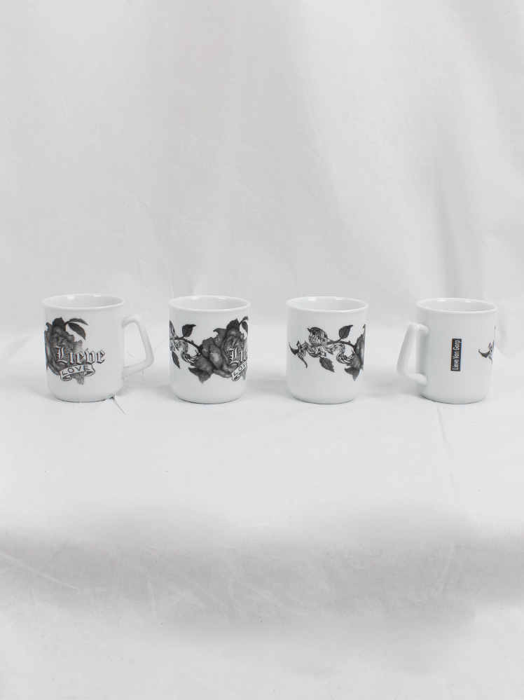 Lieve Van Gorp white coffee mugs with roses and Lieve Love printed in black 90s (2)