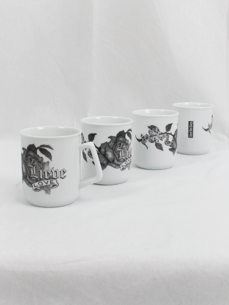 Lieve Van Gorp white coffee mugs with roses and Lieve Love printed in black 90s (3)