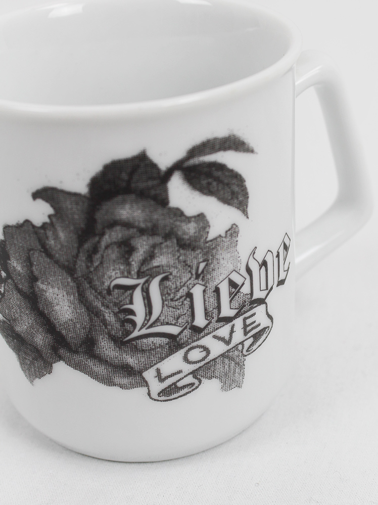 Lieve Van Gorp white coffee mugs with roses and Lieve Love printed in black 90s (9)