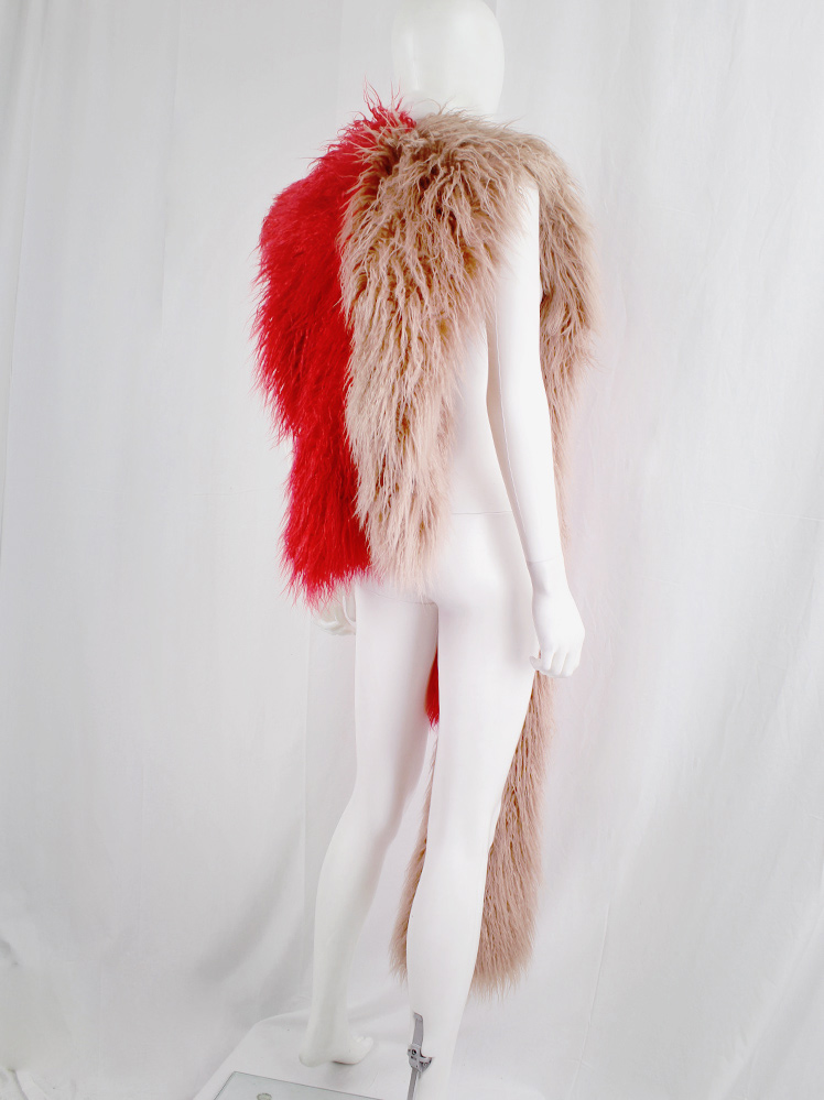vintage Dries Van Noten salmon and red oversized shaggy faux fur scarf fall 2018 (2)
