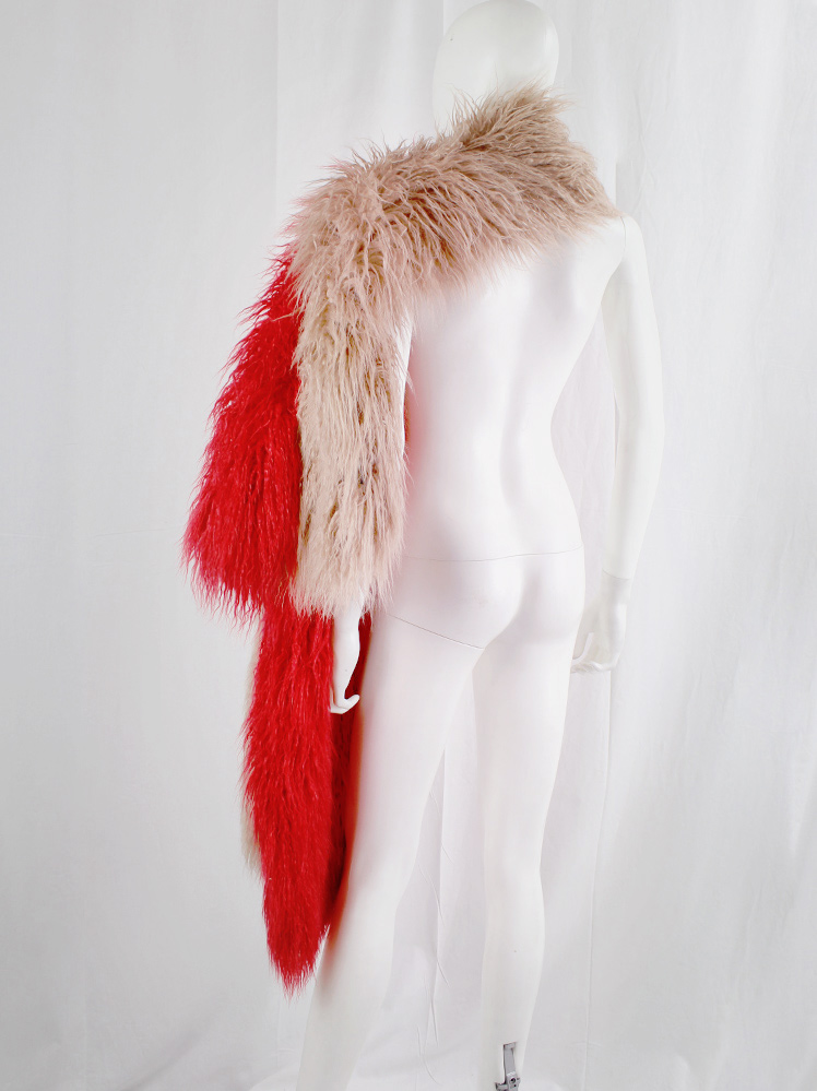 vintage Dries Van Noten salmon and red oversized shaggy faux fur scarf fall 2018 (20)